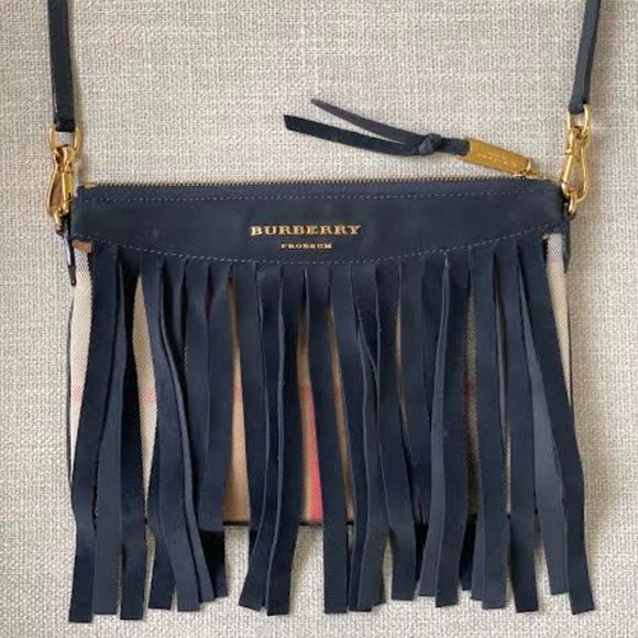 Burberry Navy Suede Peyton Check Crossbody Bag - Picture 1 of 7